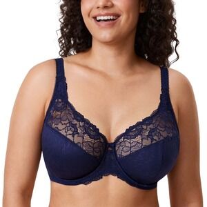 DELIMIRA 44H Bra Full Coverage Unlined Underwire Minimizer Blue Lace Women W578